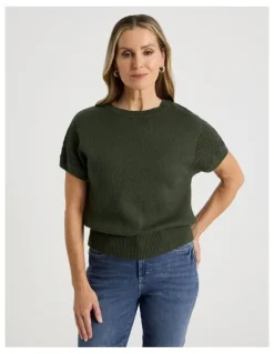 Regatta Extended Sleeve Knit Top With Fancy Knit Sleeves in Olive