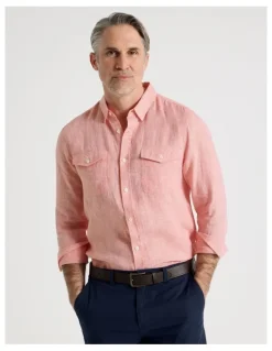 Regatta Houndstooth Long Sleeve Linen Shirt in Coral