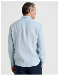 Regatta Houndstooth Long Sleeve Linen Shirt in Light Blue