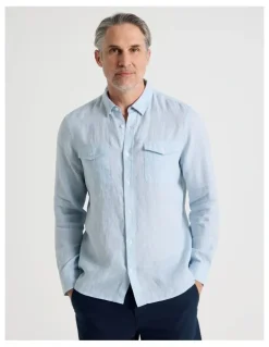 Regatta Houndstooth Long Sleeve Linen Shirt in Light Blue