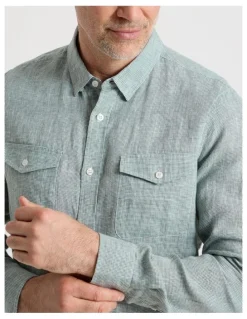 Regatta Houndstooth Long Sleeve Linen Shirt in Sage