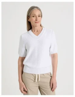 Regatta Petites Short Sleeve V Neck Knitted Top With Fancy Neckband in Snow
