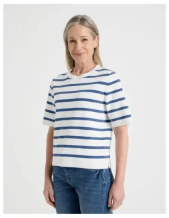 Regatta Petites Short Sleeve Stripe Knitted Top in Ivory/Slate