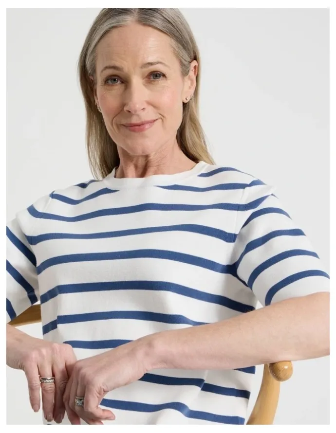 Regatta Petites Short Sleeve Stripe Knitted Top in Ivory/Slate
