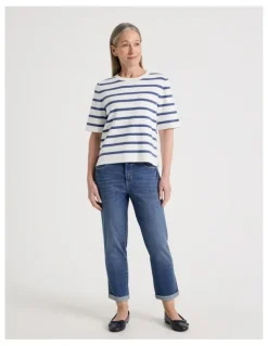 Regatta Petites Short Sleeve Stripe Knitted Top in Ivory/Slate