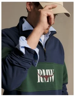 R.M.Williams Heritage Panel Quarter Zip Worker Blue