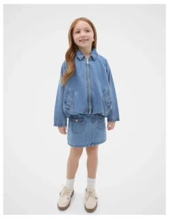Seed Heritage Denim Bomber Jacket in Mid Blue