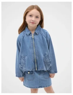 Seed Heritage Denim Bomber Jacket in Mid Blue