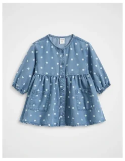 Seed Heritage Floral Denim Dress in Mid Blue
