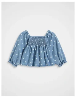 Seed Heritage Floral Denim Top in Mid Blue