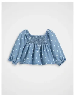 Seed Heritage Floral Denim Top in Mid Blue