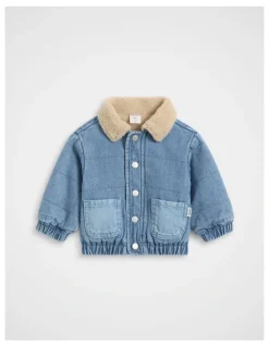 Seed Heritage Two Tone Denim Bomber Jacket in Mid Blue