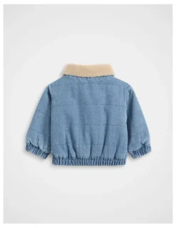 Seed Heritage Two Tone Denim Bomber Jacket in Mid Blue