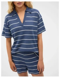 Seed Heritage Waffle Stripe Shirt and Short PJ Set in Royal Blue Marle