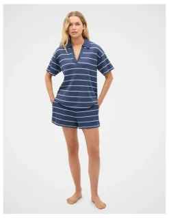 Seed Heritage Waffle Stripe Shirt and Short PJ Set in Royal Blue Marle