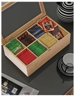 Sherwood Bamboo 8 Compartment Tea Box With Window 31.6x19x9.6cm in Natural Brown