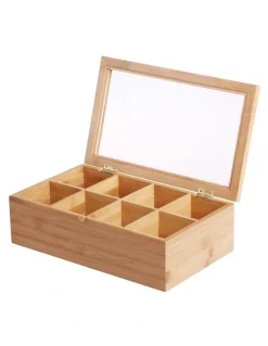 Sherwood Bamboo 8 Compartment Tea Box With Window 31.6x19x9.6cm in Natural Brown