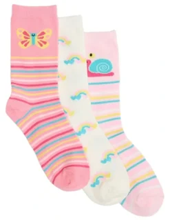 Simon De Winter Kids Patterned Crew Socks 3 Pack in Pink/Ivory