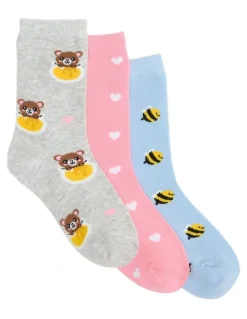 Simon De Winter Kids Patterned Crew Socks 3 Pack in Grey/Pink/Blue