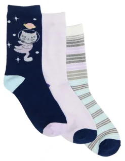 Simon De Winter Kids Patterned Crew Socks 3 Pack in Navy/Lilac