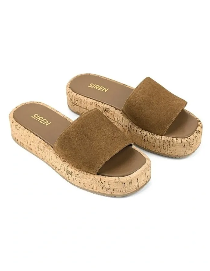 Siren Detroit Flatform Slides in Tobacco Brown Suede & Cork