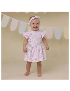 Snuggle Hunny Alices Tea Party Short Sleeve Organic Dress in Pink