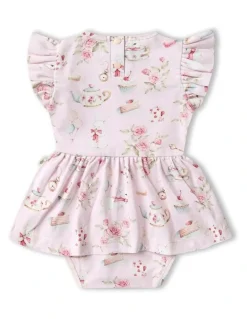 Snuggle Hunny Alices Tea Party Short Sleeve Organic Dress in Pink