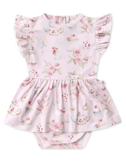 Snuggle Hunny Alices Tea Party Short Sleeve Organic Dress in Pink