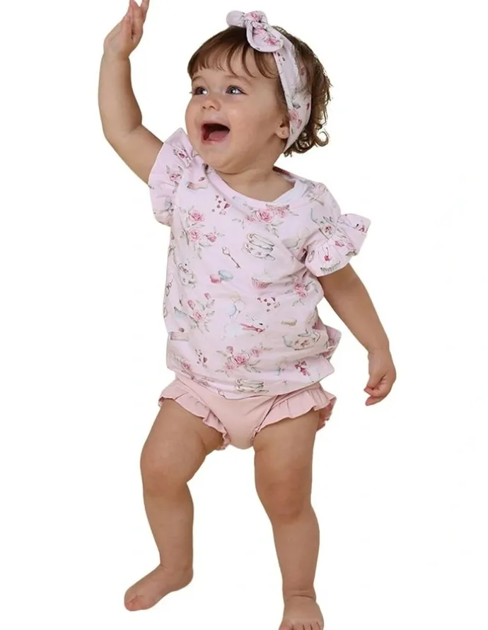 Snuggle Hunny Alices Tea Party Organic T-shirt With Frill in Pink