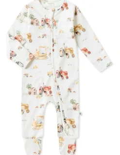 Snuggle Hunny Diggers and Tractors Sleepsuit Zip Footie in White