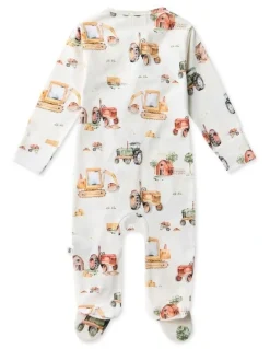 Snuggle Hunny Diggers and Tractors Sleepsuit Zip Footie in White