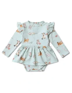 Snuggle Hunny Kittens Long Sleeve Organic Dress in Sage