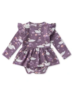 Snuggle Hunny Midnight Swan Long Sleeve Organic Dress in Purple