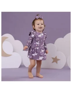Snuggle Hunny Midnight Swan Long Sleeve Organic Dress in Purple