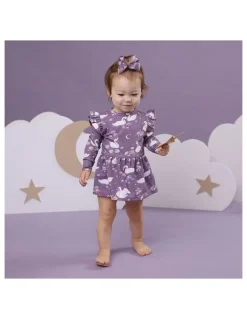 Snuggle Hunny Midnight Swan Long Sleeve Organic Dress in Purple