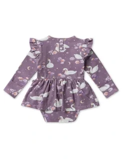 Snuggle Hunny Midnight Swan Long Sleeve Organic Dress in Purple