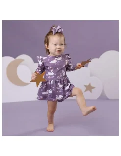 Snuggle Hunny Midnight Swan Long Sleeve Organic Dress in Purple