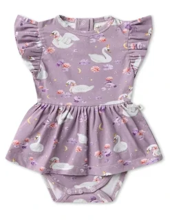 Snuggle Hunny Swan Lake Short Sleeve Organic Dress in Purple