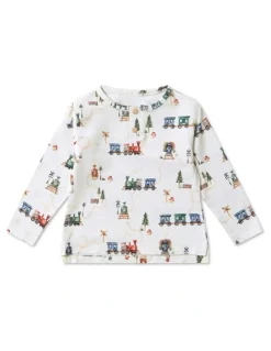 Snuggle Hunny Trains Organic Long Sleeve Top in White