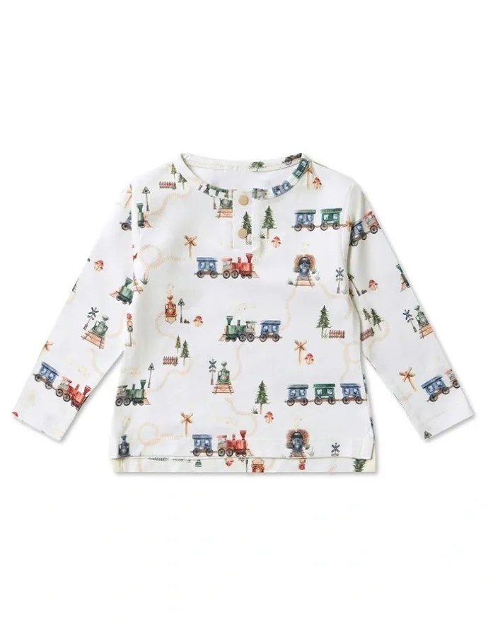 Snuggle Hunny Trains Organic Long Sleeve Top in White