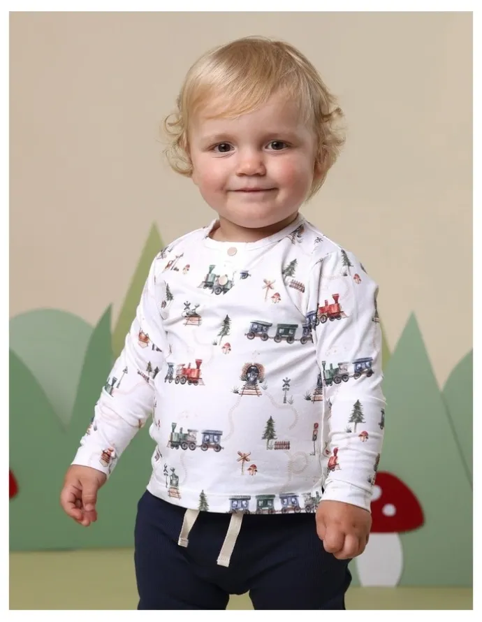 Snuggle Hunny Trains Organic Long Sleeve Top in White