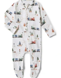 Snuggle Hunny Trains Organic Snuggle Sleepsuit Zip Footie in White