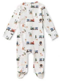 Snuggle Hunny Trains Organic Snuggle Sleepsuit Zip Footie in White
