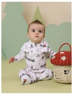 Snuggle Hunny Trains Organic Snuggle Sleepsuit Zip Footie in White
