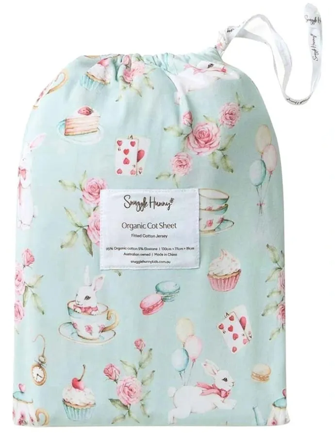 Snuggle Hunny White Rabbit Organic Fitted Cot Sheet in Blue