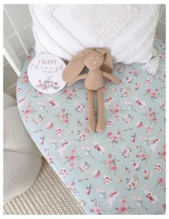 Snuggle Hunny White Rabbit Organic Fitted Cot Sheet in Blue