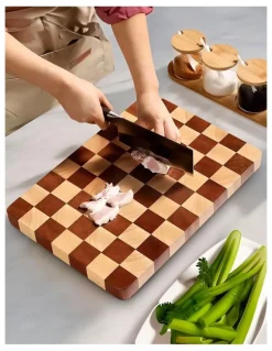 SOGA Checkered Patterned Wooden Cutting Board 39x26x3cm in Brown