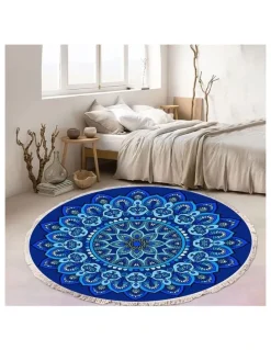 Soga International SOGA 90cm Blue Mandala Round Non-Slip Area Rug