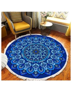 Soga International SOGA 2X 90cm Blue Mandala Round Non-Slip Area Rug