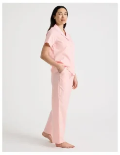 Soho Core Cotton Sateen Short Sleeve Long Pant Pyjama Set in Light Pink